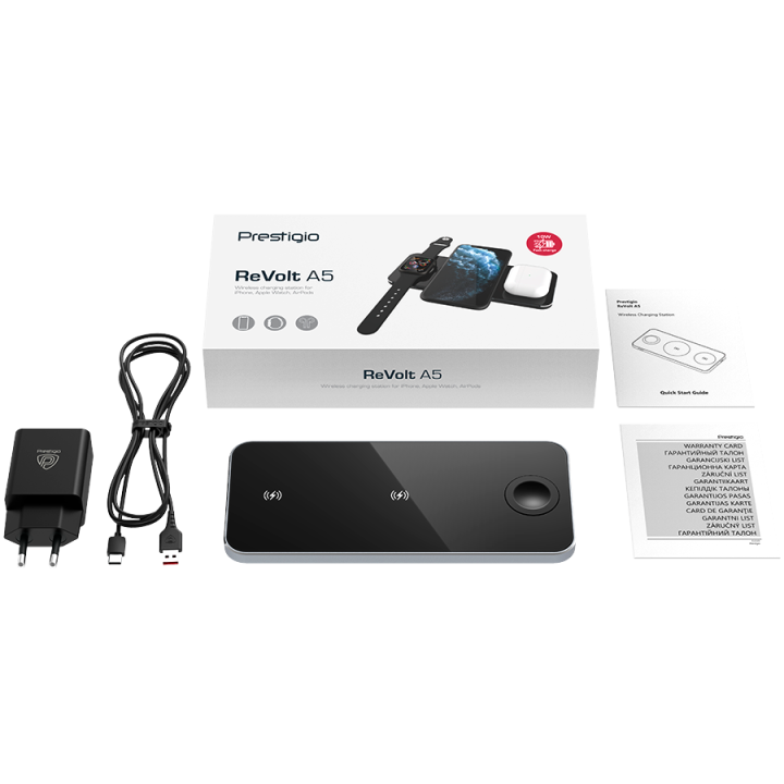Prestigio ReVolt A5, 3-in-1 wireless charging station for iPhone, Apple Watch, AirPods, wilreless output for phone 7.5W/10W, wir