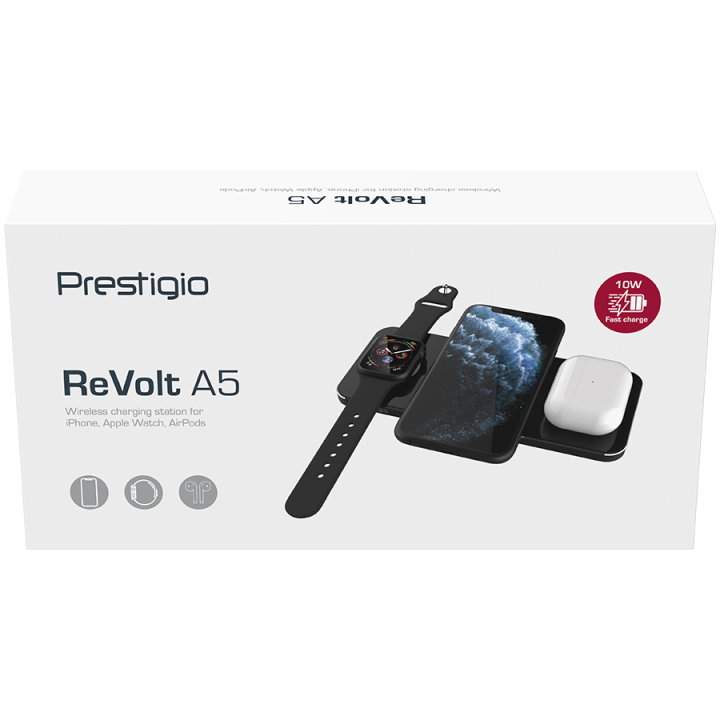 Prestigio ReVolt A5, 3-in-1 wireless charging station for iPhone, Apple Watch, AirPods, wilreless output for phone 7.5W/10W, wir