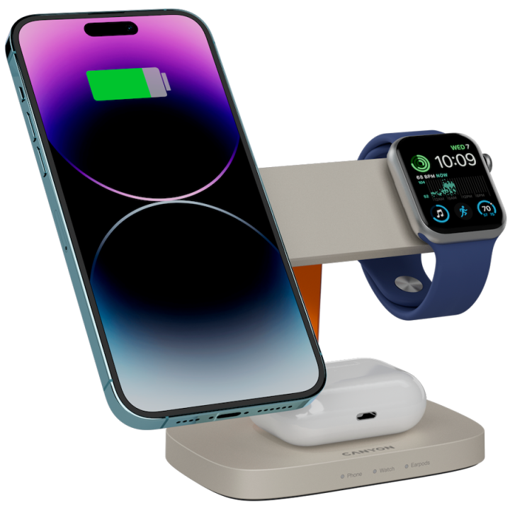 CANYON Wireless Charging Station Hexagon 310 3in1 LightGrey/Orange