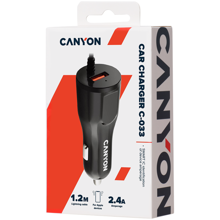 CANYON car charger C-033 2.4A/USB-A built-in Lightning Black