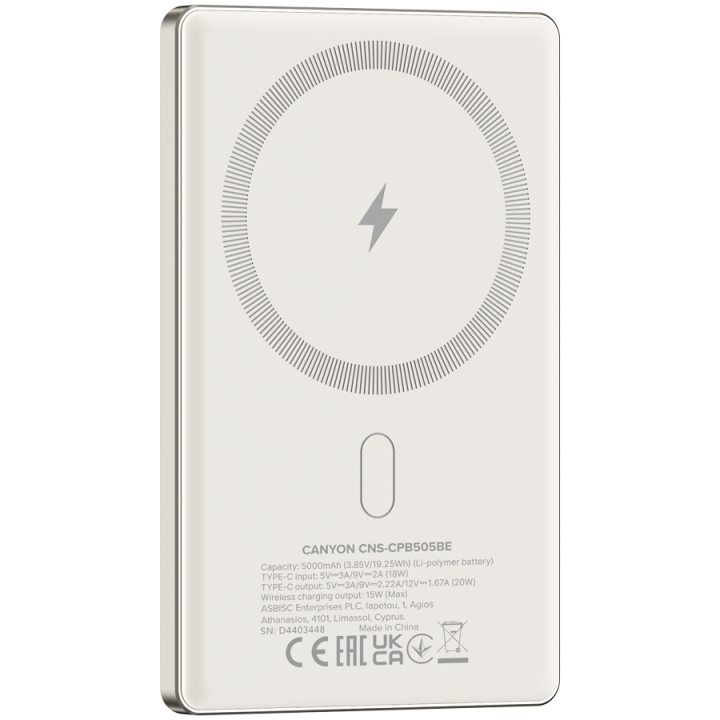 CANYON power bank OnPower 505 slim Magnetic 5000 mAh PD20W Beige