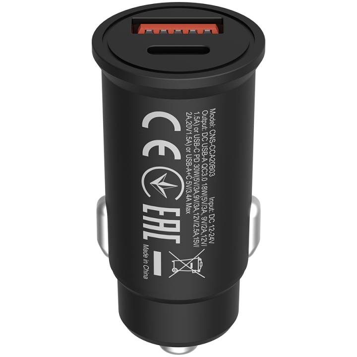 CANYON C-20B03, PD 30W/QC3.0 18W Pocket size car charger with 1-USB A+ 1-USB-C Input: DC12V-24V, Output: USBC: PD30W( 5V3A/9V3A/