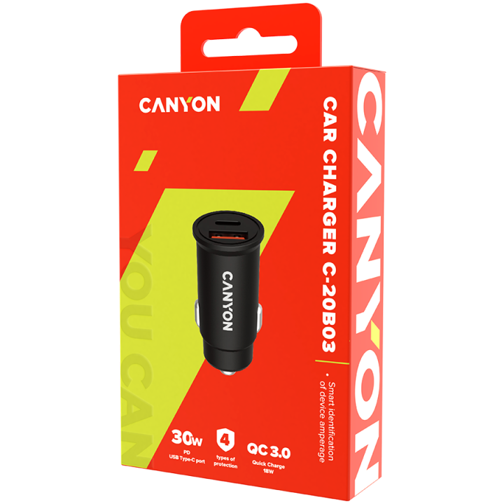 CANYON C-20B03, PD 30W/QC3.0 18W Pocket size car charger with 1-USB A+ 1-USB-C Input: DC12V-24V, Output: USBC: PD30W( 5V3A/9V3A/
