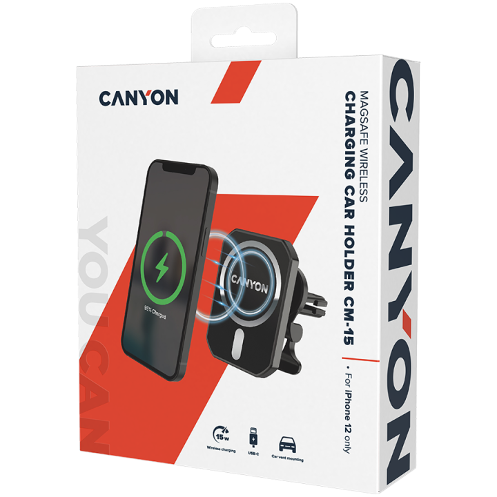 CANYON CH-15, Magnetic car holder and wireless charger, C-15-01, 15W，Input: USB-C: 5V/2A, 9V/3AOutput: 5W, 7.5W, 10W, 15W83*60*8
