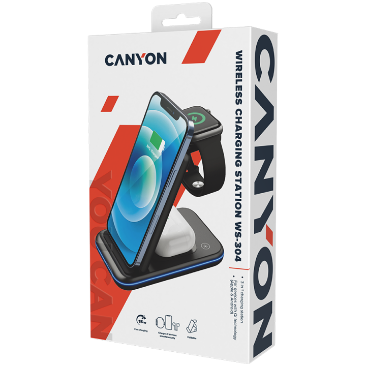 CANYON wireless charger WS-304 15W 3in1 Black