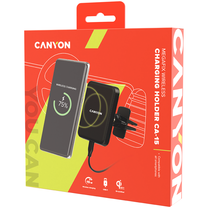 CANYON CH-15, Car holder and wireless charger MegaFix, C-15, 15W, Input: USB-C: 5V/2A, 9V/3A Output: 5W, 7.5W, 10W, 15W89*65*12m
