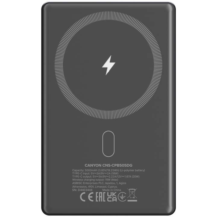 CANYON power bank OnPower 505 slim Magnetic 5000 mAh PD20W Dark Grey