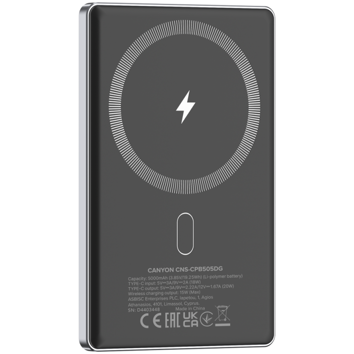CANYON power bank OnPower 505 slim Magnetic 5000 mAh PD20W Dark Grey