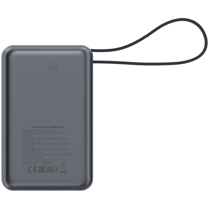 CANYON power bank OnPower 600 built-in cable 20000 mAh PD65W Dark Grey