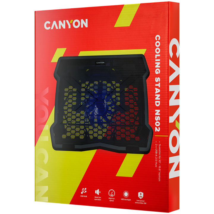 CANYON NS02, Cooling stand single fan with 2x2.0 USB hub, support up to 10”-15.6” laptop, ABS plastic and iron, Fans dimension:1