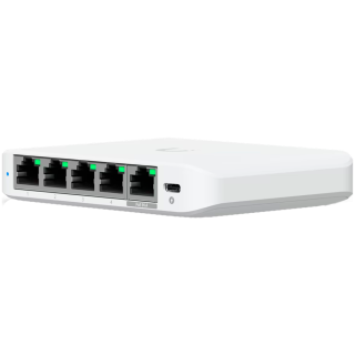 Ubiquiti 5-port 2.5G switch that can be powered with PoE or a USB-C adapter 4x 2.5 GbE ports, 2.5 GbE PoE input port for power