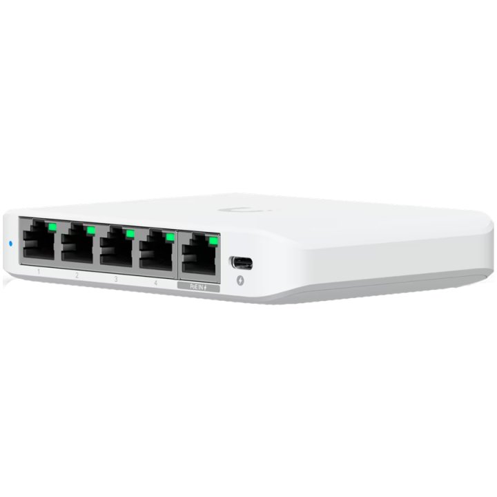 Ubiquiti 5-port 2.5G switch that can be powered with PoE or a USB-C adapter 4x 2.5 GbE ports, 2.5 GbE PoE input port for power