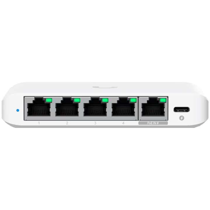 Ubiquiti 5-port 2.5G switch that can be powered with PoE or a USB-C adapter 4x 2.5 GbE ports, 2.5 GbE PoE input port for power