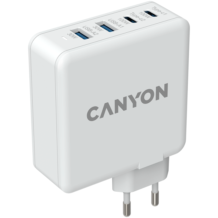 CANYON H-100, GAN 100W charger Input:100V-240V Output: USB-C1/C2: 5V 3A, 9V 3A, 12V 3A, 15V 3A, 20V 5A USB-A 1/A2, 4.5V/5A, 5V/4