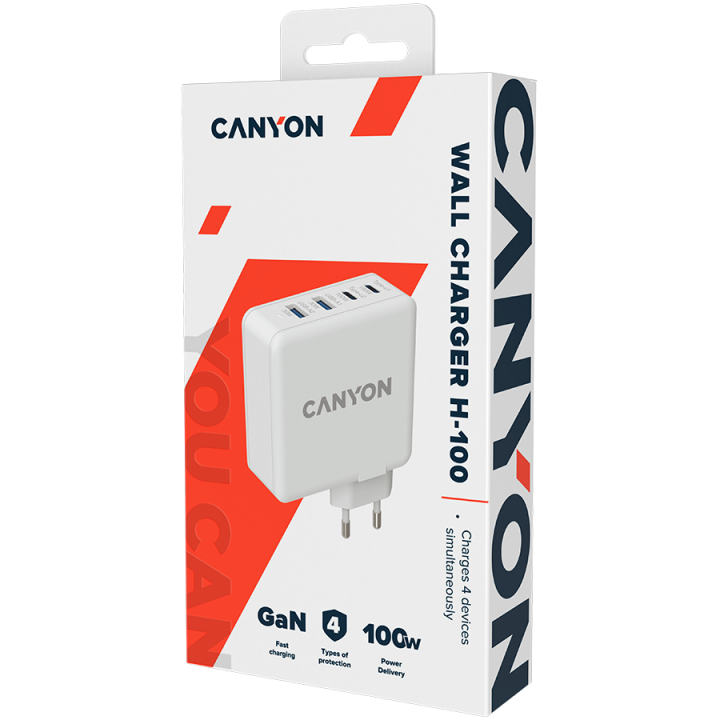 CANYON H-100, GAN 100W charger Input:100V-240V Output: USB-C1/C2: 5V 3A, 9V 3A, 12V 3A, 15V 3A, 20V 5A USB-A 1/A2, 4.5V/5A, 5V/4