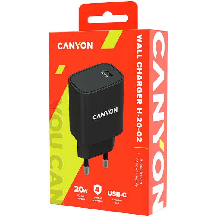 CANYON H-20, PD 20W Input: 100V-240V, Output: 1 port charge: USB-C:PD 20W (5V3A/9V2.22A/12V1.67A) , Eu plug, Over- Voltage , ove
