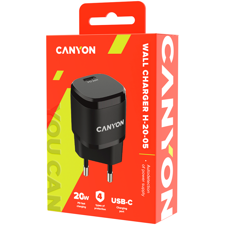 CANYON H-20-05, PD 20W Input: 100V-240V, Output: 1 port charge: USB-C:PD 20W (5V3A/9V2.22A/12V1.66A) , Eu plug, Over- Voltage , 