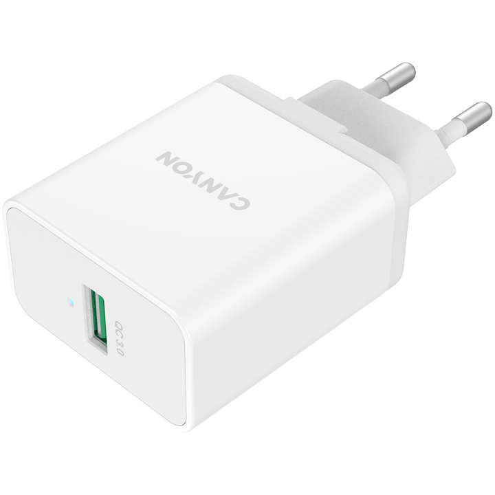 CANYON H-36-01, QC3.0 36W WALL Charger with 1-USB A Input: 100V-240V, Output: USB-A:QC3.0 36W (5V3A/9V3.0A/12V3.0A), Eu plug , O