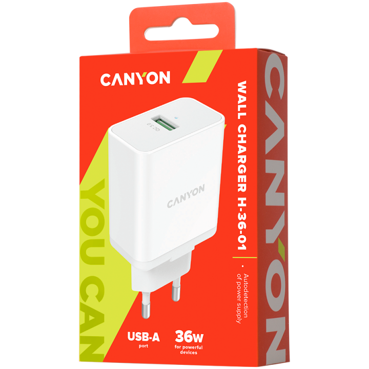CANYON H-36-01, QC3.0 36W WALL Charger with 1-USB A Input: 100V-240V, Output: USB-A:QC3.0 36W (5V3A/9V3.0A/12V3.0A), Eu plug , O