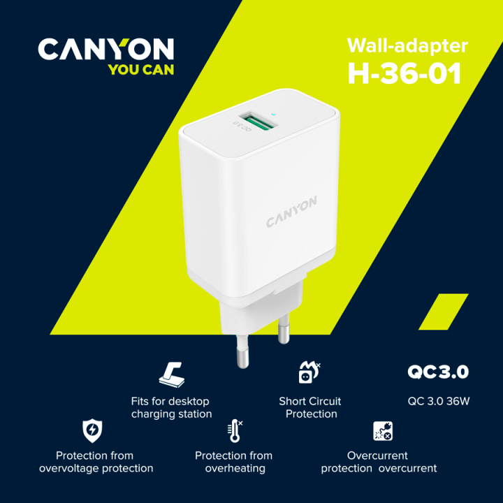 CANYON H-36-01, QC3.0 36W WALL Charger with 1-USB A Input: 100V-240V, Output: USB-A:QC3.0 36W (5V3A/9V3.0A/12V3.0A), Eu plug , O