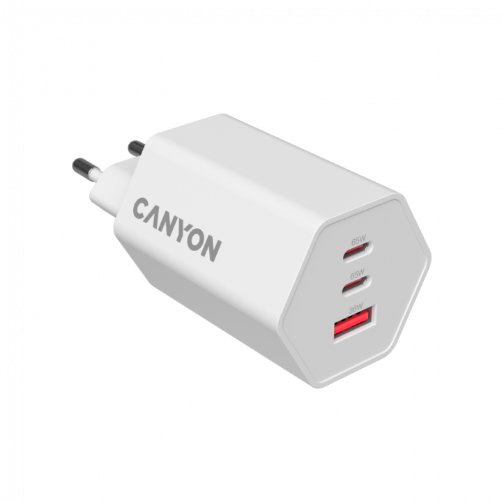 CANYON charger HEXAGON 65 GaN 65W 2xPD 1xQC EU White