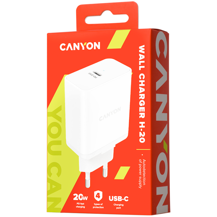 CANYON H-20, PD WALL Charger, Input: 110V-240V, Output:PD 20W, Eu plug, Over-load, over-heated, over-current and short circuit p