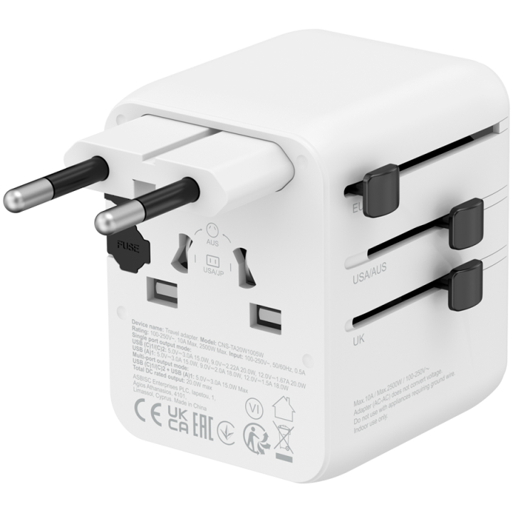 CANYON Travel Adapter OnTour 20 EU/UK/US/AUS 20W  White