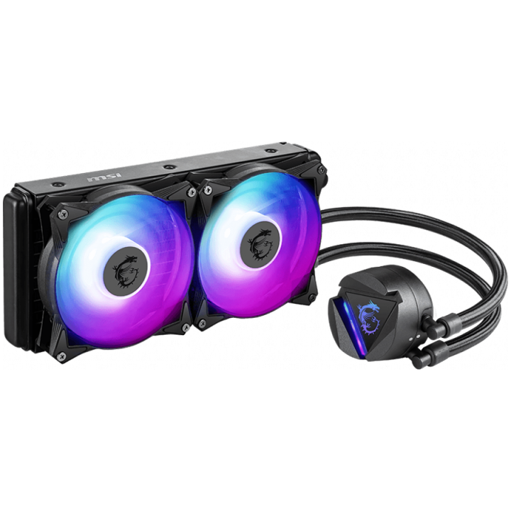 MSI MAG CORELIQUID 240R V2 Liquid Cooler, 2x 120mm ARGB 2000rpm PWM Fans, ARGB Block, Radiator Pump Design, Rotatable Blockhead,