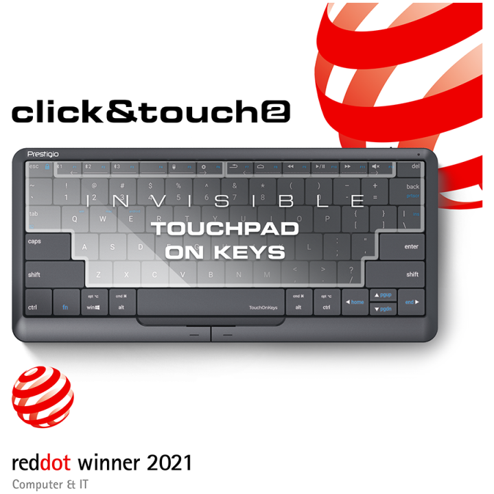 Prestigio Click&Touch 2, wireless multimedia smart keyboard with touchpad embedded into keys, auto-switch between keyboard and t