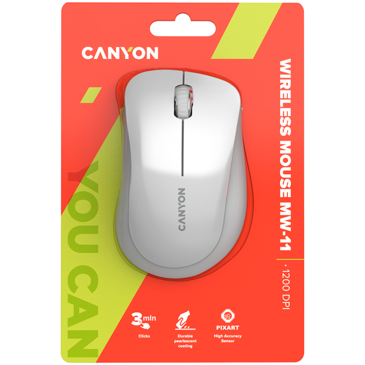 CANYON MW-11, 2.4 GHz Wireless mouse ,with 3 buttons, DPI 1200, Battery:AAA*2pcs ,pearl white grey67*109*38mm 0.063kg