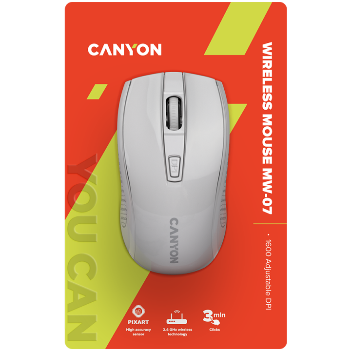 CANYON MW-7, 2.4Ghz wireless mouse, 6 buttons, DPI 800/1200/1600, with 1 AA battery ,size 110*60*37mm,58g,white