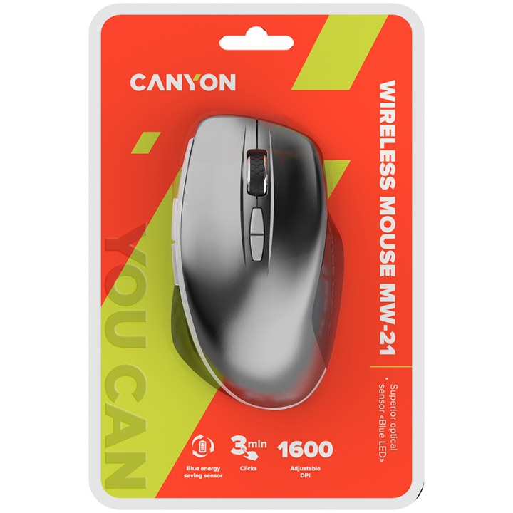 CANYON MW-21, 2.4 GHz Wireless mouse,with 7 buttons, DPI 800/1200/1600, Battery:AAA*2pcs,Dark gray72*117*41mm 0.075kg