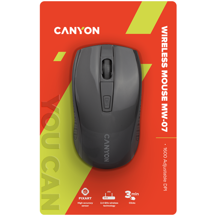 CANYON MW-7, 2.4Ghz wireless mouse, 6 buttons, DPI 800/1200/1600, with 1 AA battery ,size 110*60*37mm,58g,black