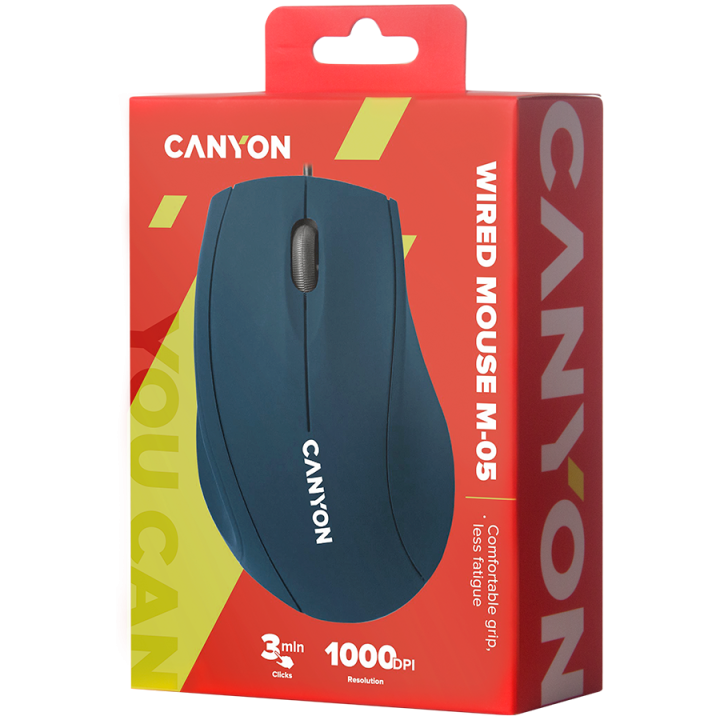 CANYON M-05, Wired Optical Mouse with 3 keys, DPI 1000 With 1.5M USB cable,Blue,size72*108*40mm weight:0.077kg