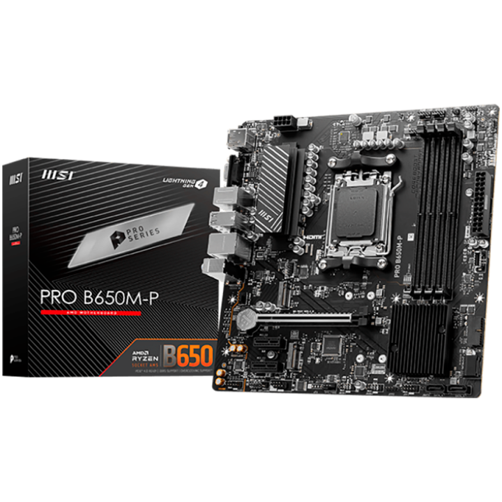 MSI PRO B650M-P,ATX, Socket AM5,AMD B650, 4xDDR5, Dual Channel DDR5 up to 7200+(OC)MHz,1x PCIe 4.0/3.0 x16 slot,2x M.2 slots,2x 