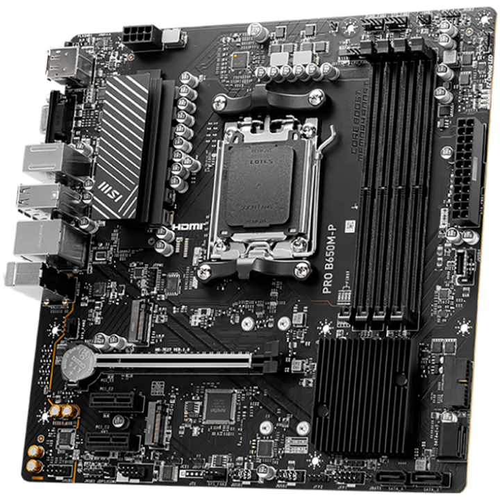 MSI PRO B650M-P,ATX, Socket AM5,AMD B650, 4xDDR5, Dual Channel DDR5 up to 7200+(OC)MHz,1x PCIe 4.0/3.0 x16 slot,2x M.2 slots,2x 