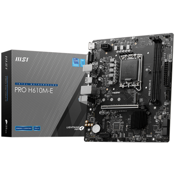MSI PRO H610M-E, mATX, LGA 1700, Dual Channel DDR5 5600+MHz, 1x PCIe x16 slot, 1x M.2 slot, 1x HDMI, 1x VGA, 2x USB 3.2 Gen 1, 4
