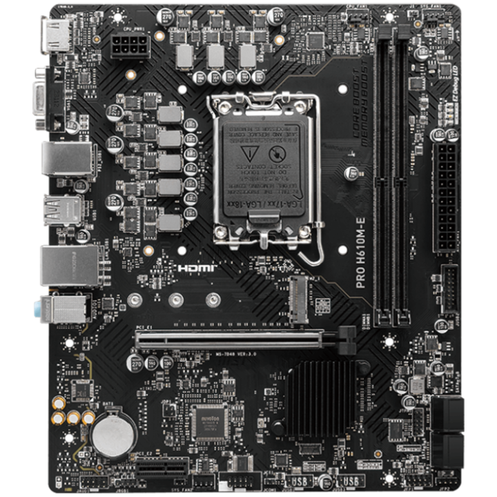 MSI PRO H610M-E, mATX, LGA 1700, Dual Channel DDR5 5600+MHz, 1x PCIe x16 slot, 1x M.2 slot, 1x HDMI, 1x VGA, 2x USB 3.2 Gen 1, 4