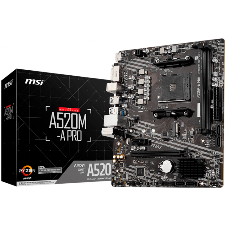 MSI Main Board Desktop A520M (AM4, 2xDDR4, 1xPCI-Ex16, 1xPCI-Ex1, M.2, 4xSATA3, 6xUSB3.2 Gen1, 6xUSB2.0, HD Audio, DVI-D, HDMI, 
