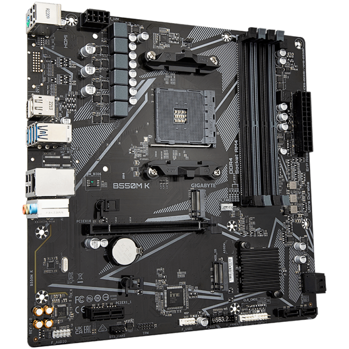 GIGABYTE MB B550M K 4 x DDR4 PCIe 3.0 2 x M.2 4 x SATA 1 x DisplayPort 1 x HDMI port Micro ATX