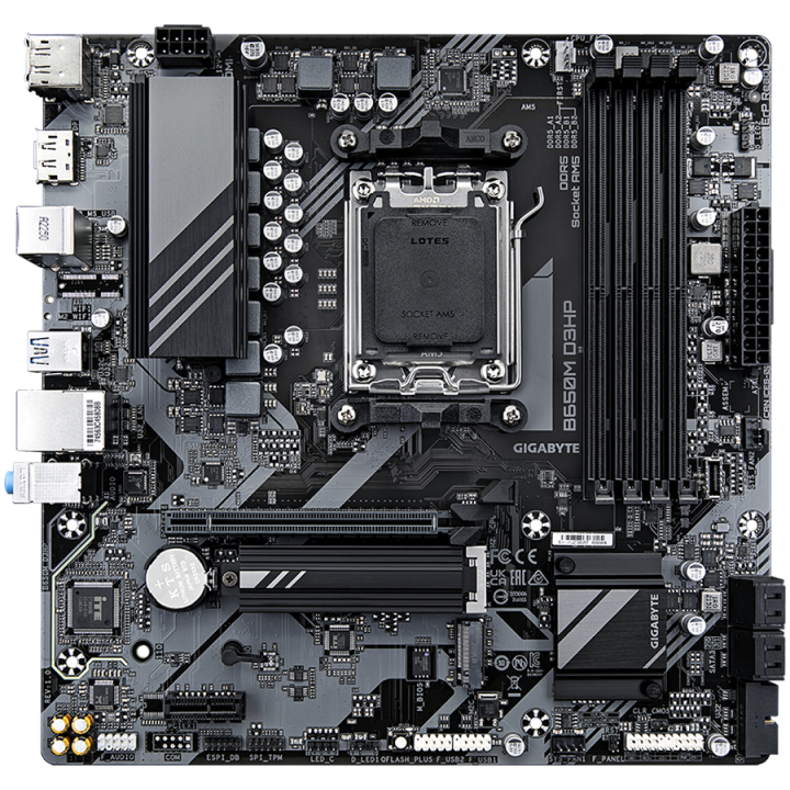 GIGABYTE Mainboard Desktop B650M D3HP (AM5, 4xDDR5, 1xHDMI, 2xDP, 2.5GLAN, 1xPCIe x16,  1xPCIe x1 3.0, 2xM.2, 4xSATA3, 1xUSB-C U