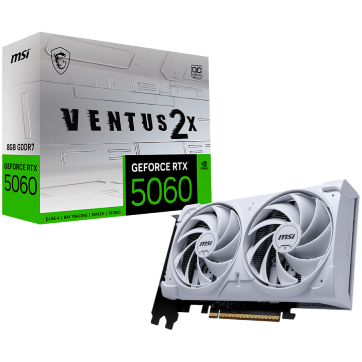 MSI Video Card NVIDIA GeForce RTX 5060 8G VENTUS 2X OC WHITE, 8GB GDDR7, 128-bit, 2535 MHz Boost, 3840 CUDA Cores, PCIe 5.0 (x8)