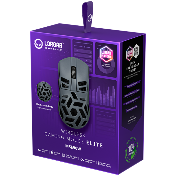 LORGAR MSE90W, Magnesium Alloy Wireless Gaming Mouse Elite, Dark Grey