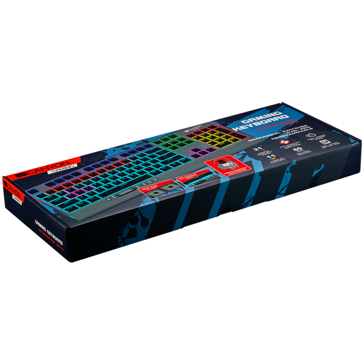 CANYON Interceptor GK-8, Wired multimedia gaming keyboard with lighting effect, 20pcs rainbow LED & 19pcs RGB light, Numbers 104