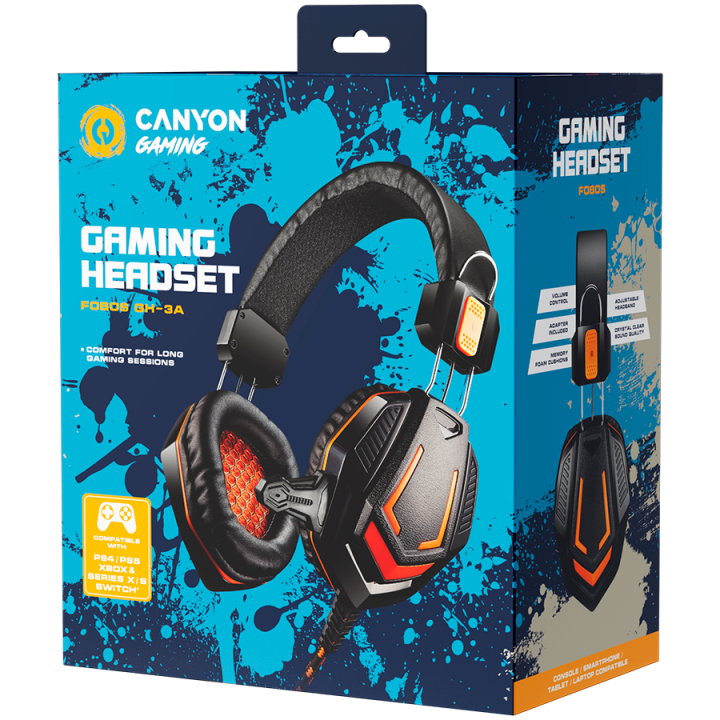 CANYON Fobos GH-3A, Gaming headset 3.5mm jack with microphone and volume control, with 2in1 3.5mm adapter, cable 2M, Black, 0.36