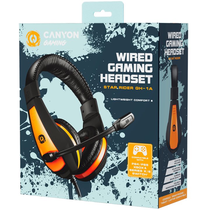 CANYON Star Raider GH-1A, Gaming headset 3.5mm jack with adjustable microphone and volume control, with 2in1 3.5mm adapter, cabl