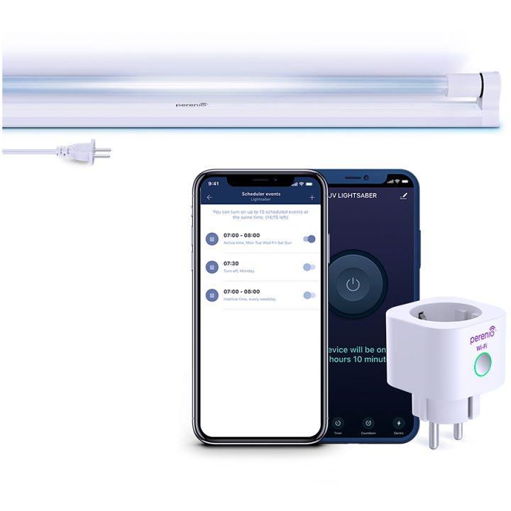A kit consisting of PEHPL10 Smart Power Plug and PELUV01 UV lamp. Used to desinfect working and residential premises with remote