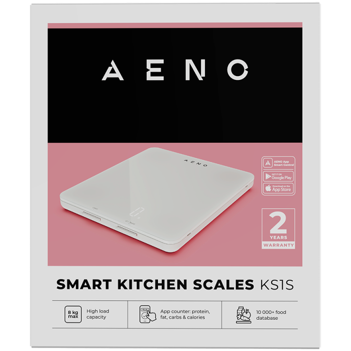 AENO Kitchen Scale KS1S Smart, Max load - 8 kg, Bluetooth, 10,000+ products & meals, 25 indicators analysis, Coffee mode, 6 unit