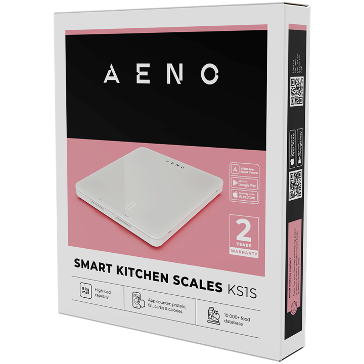 AENO Kitchen Scale KS1S Smart, Max load - 8 kg, Bluetooth, 10,000+ products & meals, 25 indicators analysis, Coffee mode, 6 unit