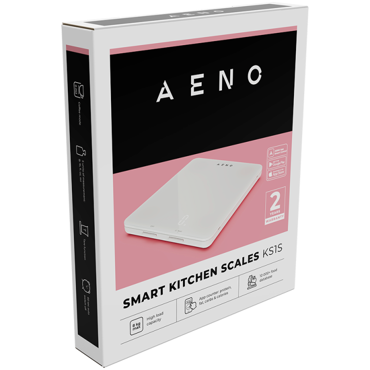 AENO Kitchen Scale KS1S Smart, Max load - 8 kg, Bluetooth, 10,000+ products & meals, 25 indicators analysis, Coffee mode, 6 unit